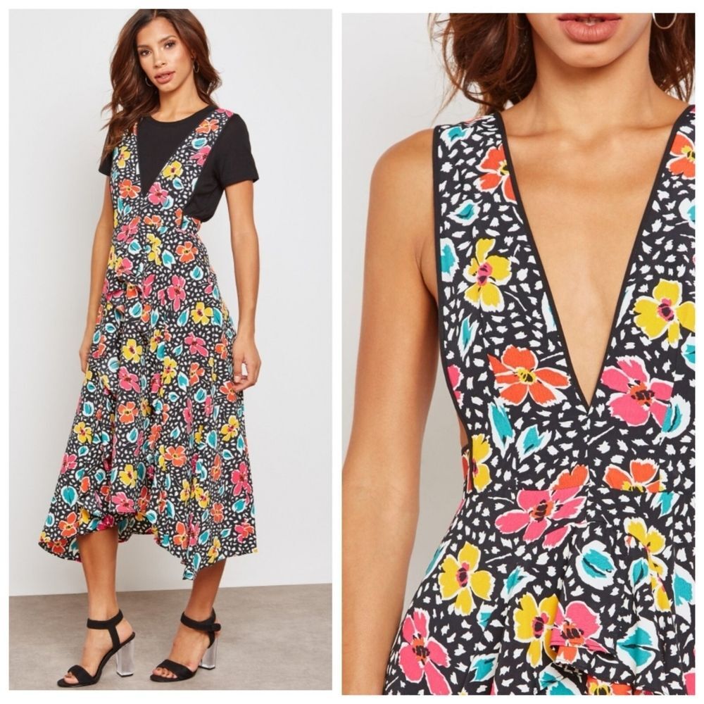 TOPSHOP Petite Floral Plunge V-Neck Pinafore Blogger's Fave Midi Dress US 2